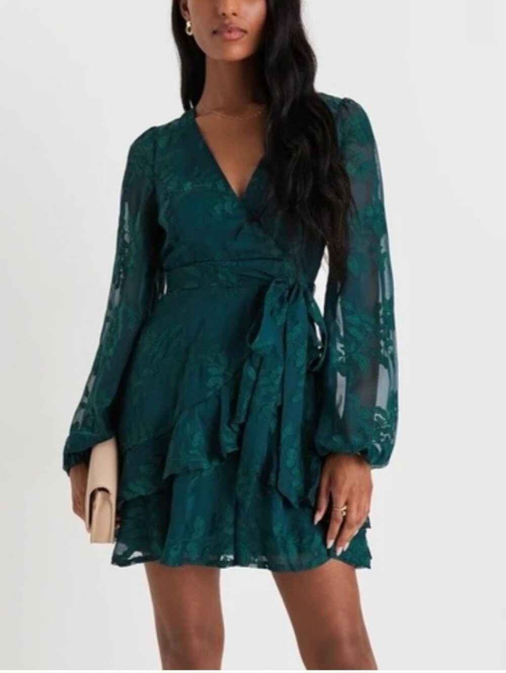 Lulus Green Leaf Embroidered Long Sleeve Tiered Mini Dress M